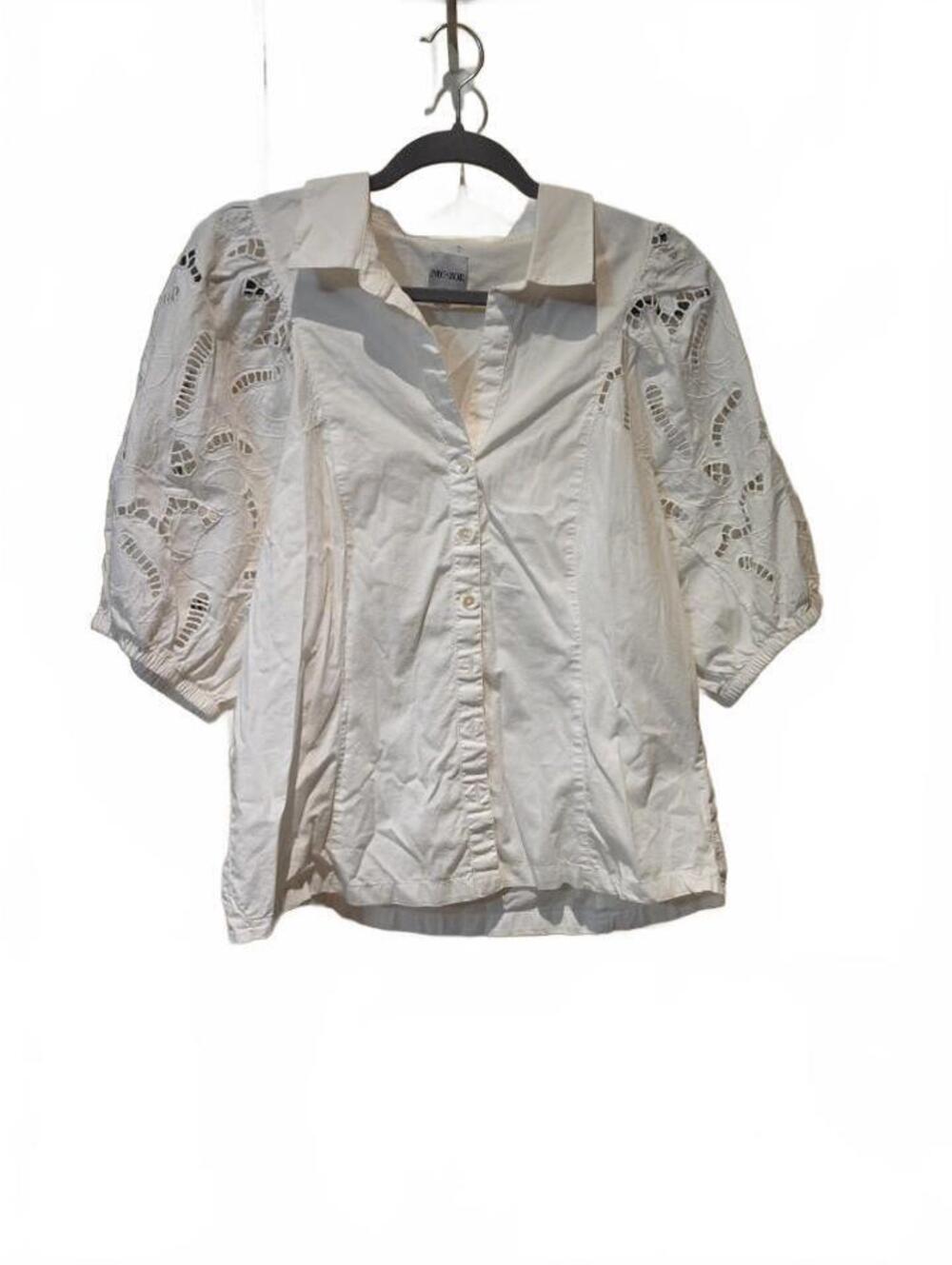 NIC+ZOE Women's L White Cotton Cutwork Embroidered Puff Sleeve Button Shirt